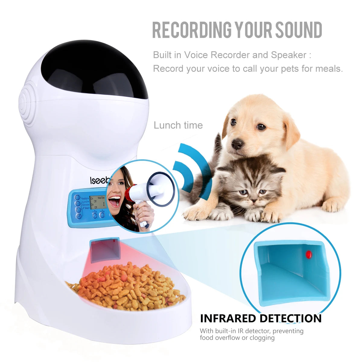 Iseebiz 3L Automatic Pet Feeder With Voice Record - Smart Feeding Solution