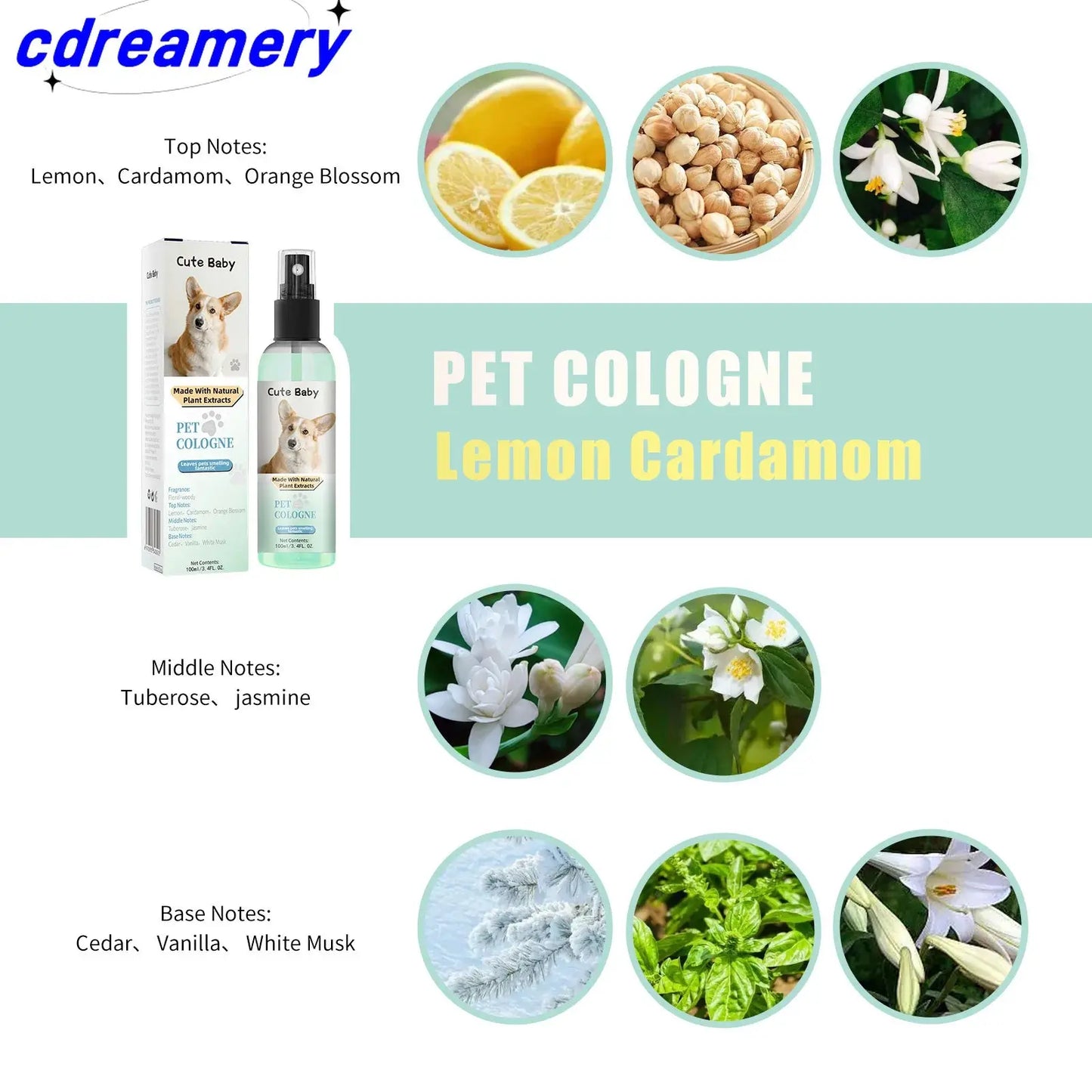 CDY 100ml Pet Perfume Spray for Cats and Dogs, Odor Eliminator and Air Freshener with Long-lasting Fragrance WLP Company