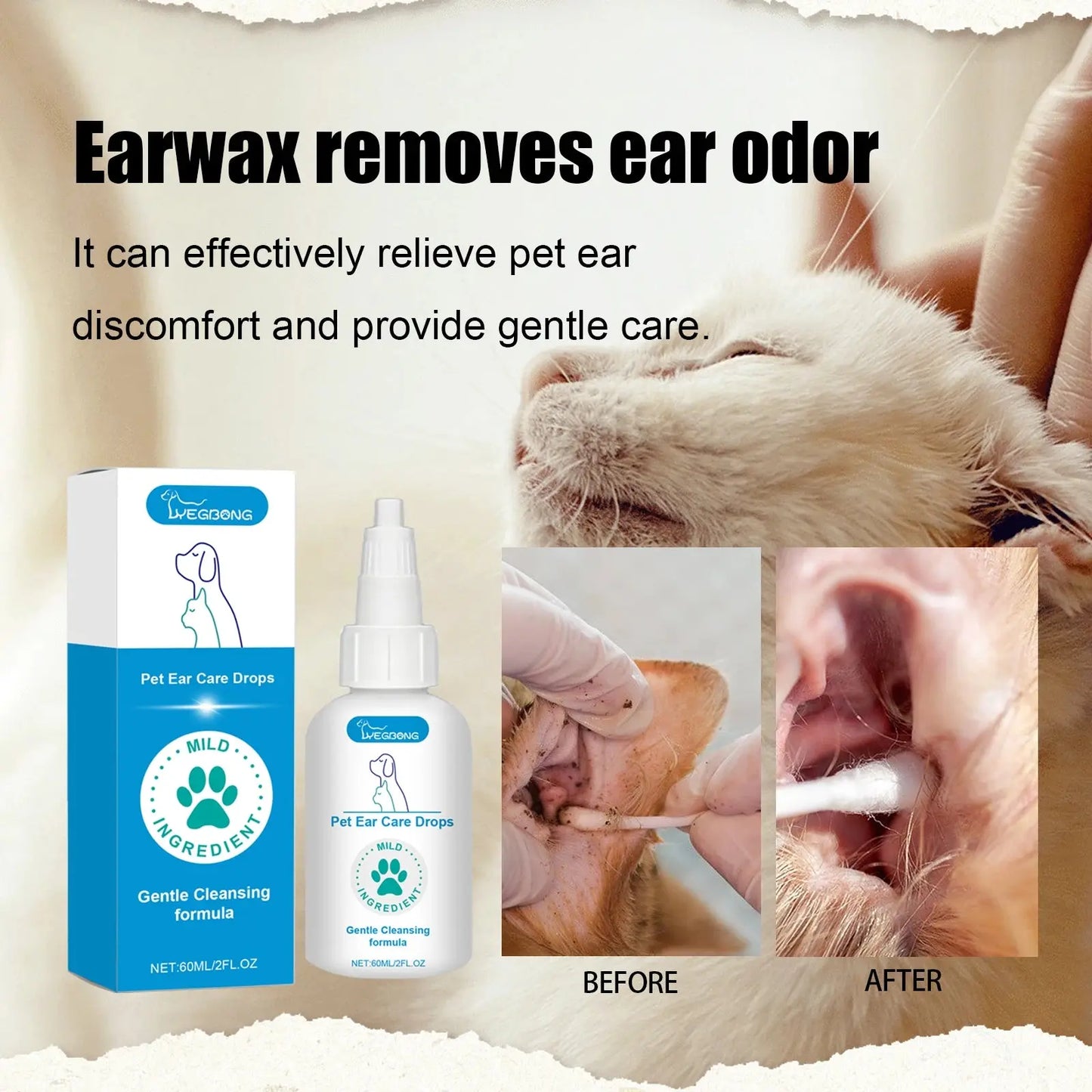 Pet Ear Care Drops - 60ml Gentle Cleansing Solution for Dogs & Cats - Remove Earwax, Moisturize Canal & Reduce Odor WLP Company