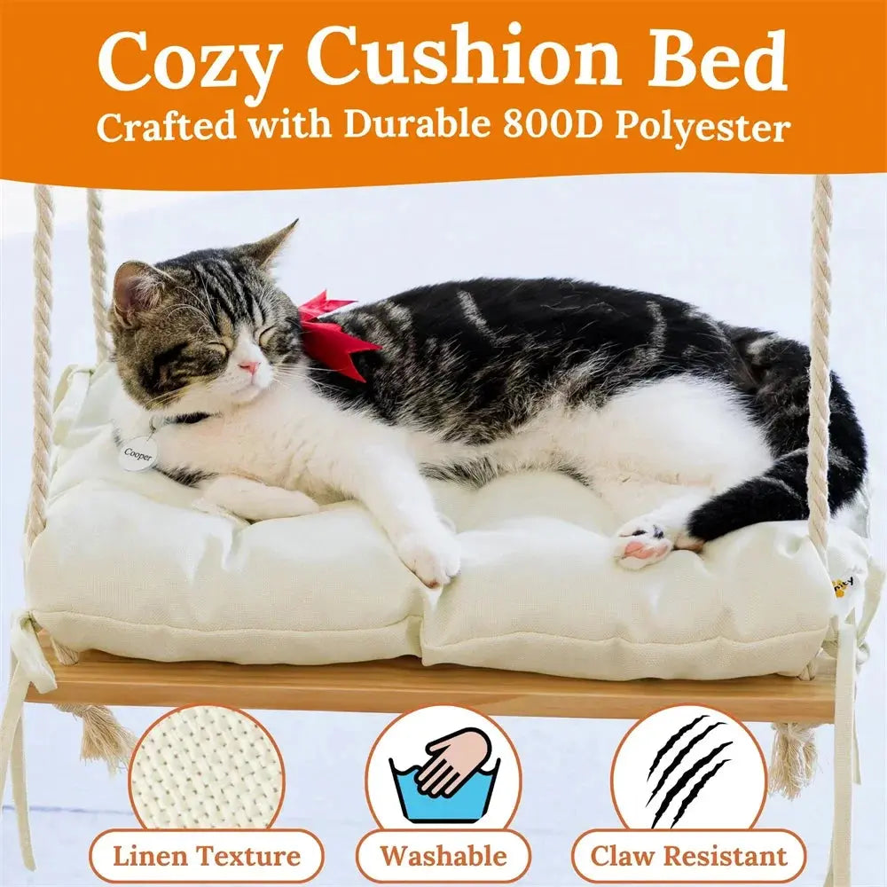 cat hammock Cat Window Perch Solid Wood Hammock Bed 4 Heavy Duty Suction Cups Plush Cushion Indoor Pet Bed for Small Large Cats WLP Company