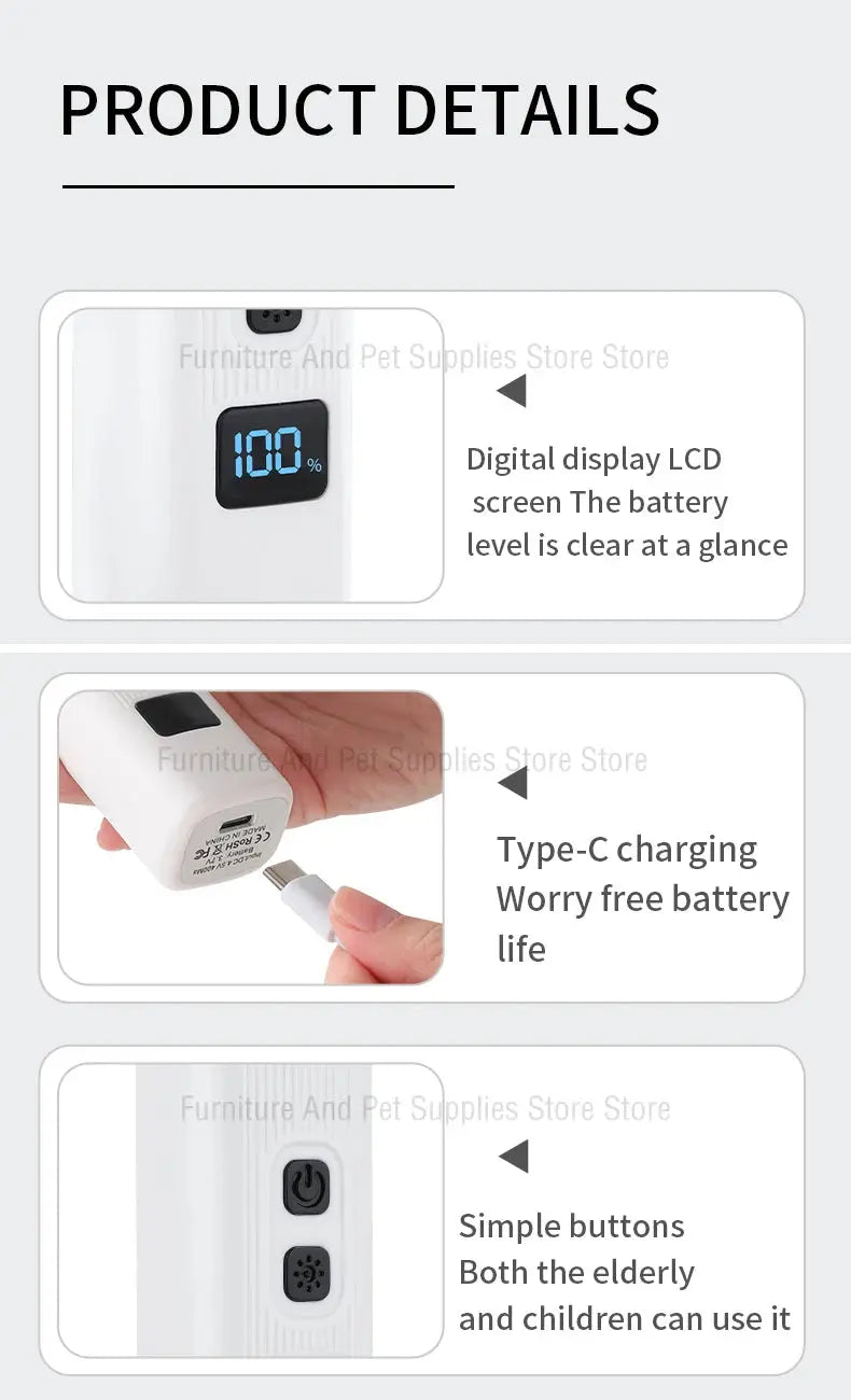 Electric Dog Nail Clippers for Dog Nail Grinders Rechargeable USB Charging LED Light Pet Quiet Cat Paws Nail Grooming Supplies WLP Company