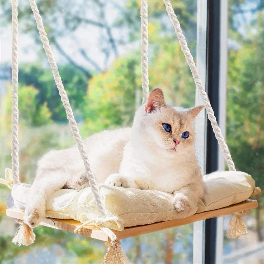 cat hammock Cat Window Perch Solid Wood Hammock Bed 4 Heavy Duty Suction Cups Plush Cushion Indoor Pet Bed for Small Large Cats WLP Company