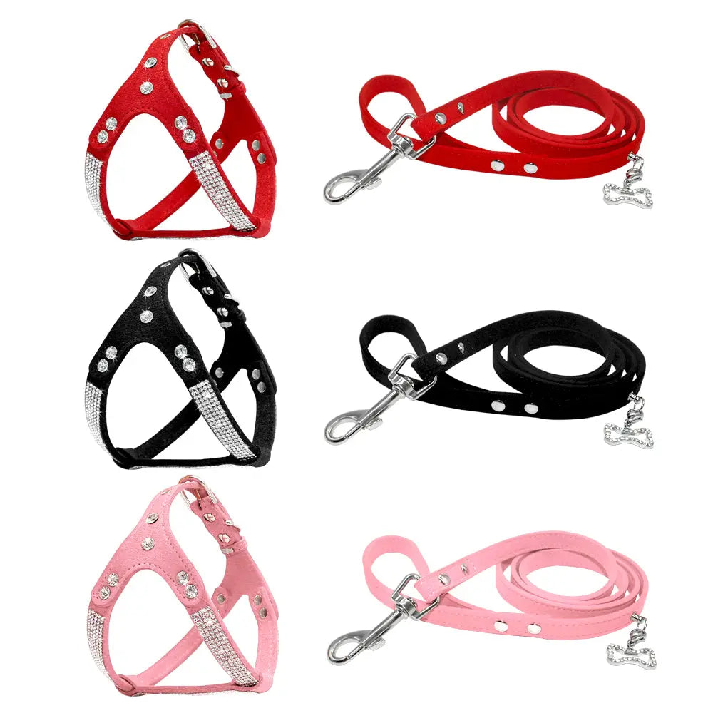 dog harness Soft Rhinestone Leather Set Dog of Harness & Leash WLP Company
