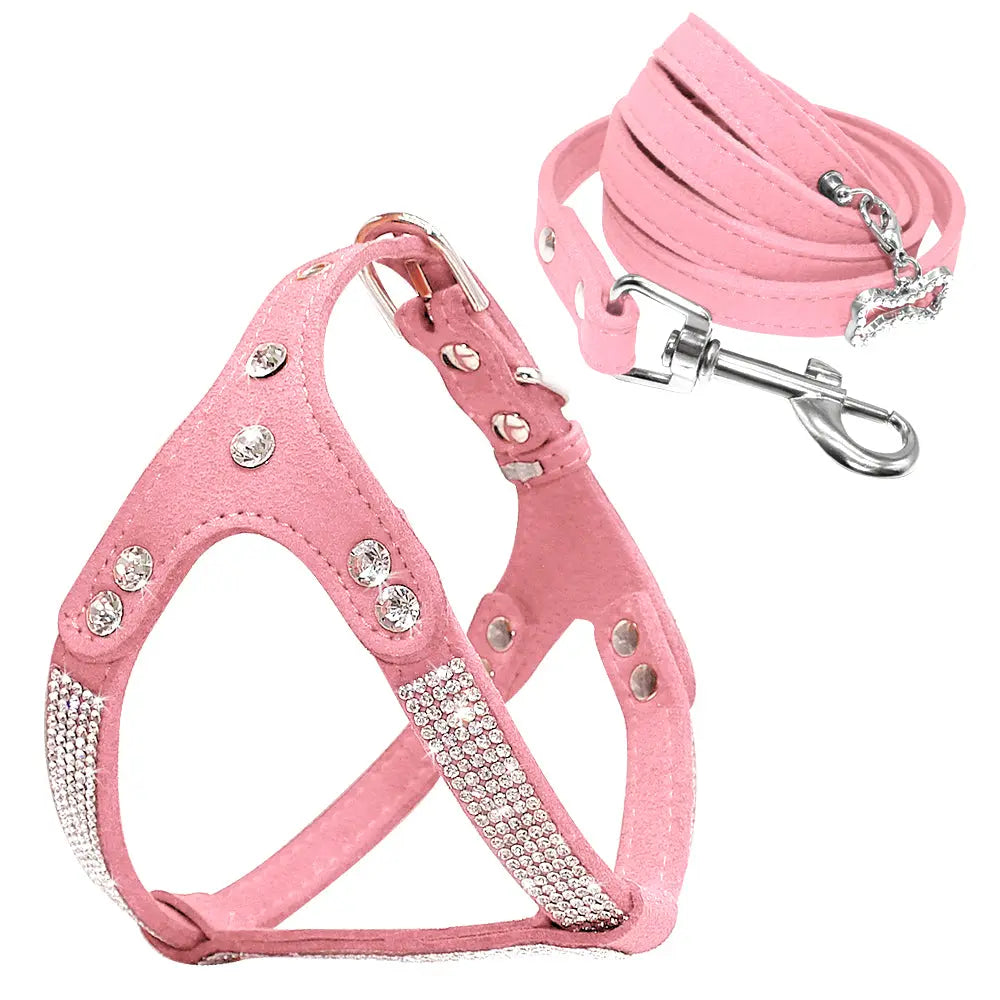 dog harness Soft Rhinestone Leather Set Dog of Harness & Leash WLP Company