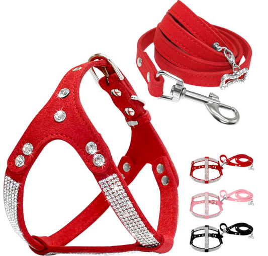 Soft Rhinestone Leather Set Dog of Harness & Leash