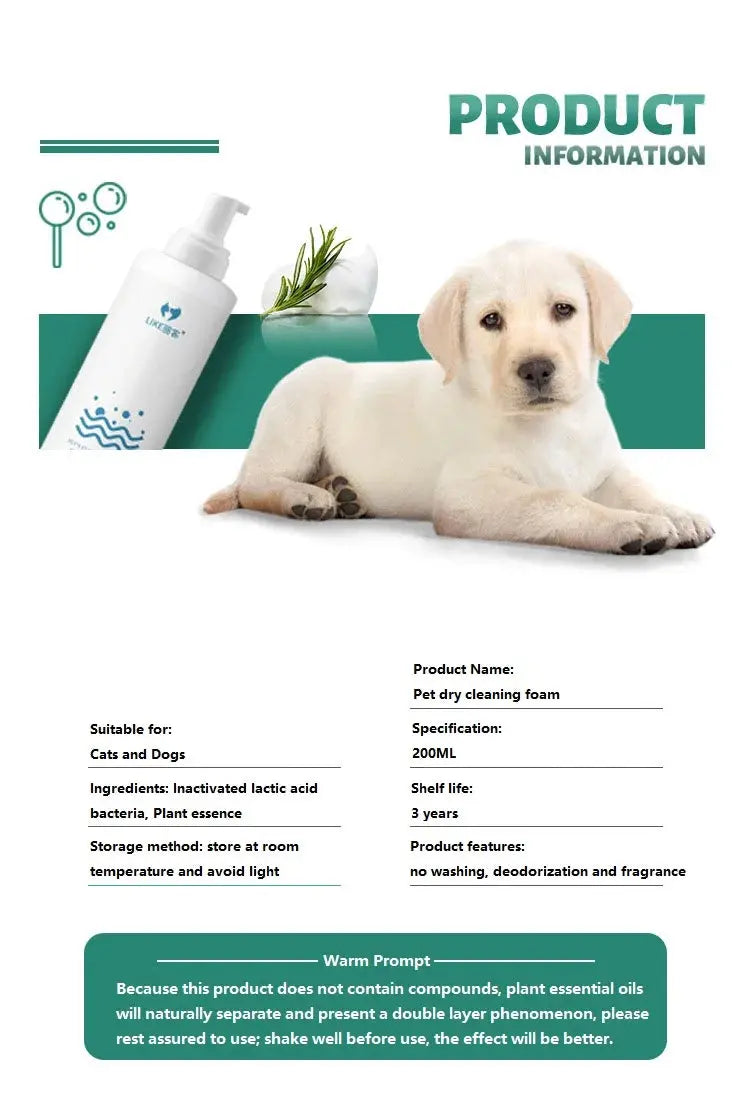 Pet Dry Cleaning Foam, Water-Free, Dog, Cat, Puppy Shower Gel, Super Shampoo Deodorant WLP Company