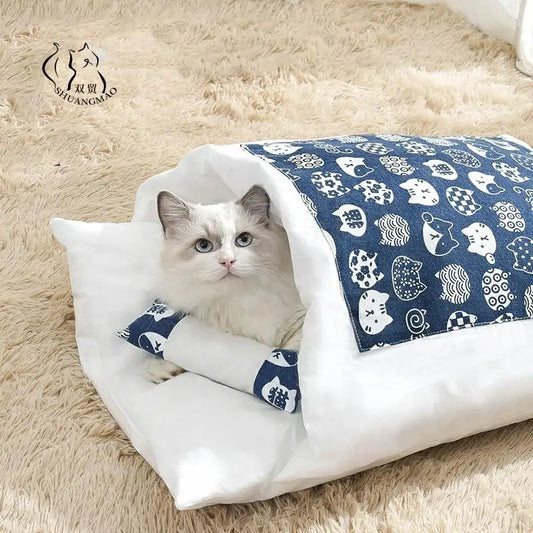 Removable Dog Cat Sleeping Bag - 2-in-1 Cave Bed & Mat Winter Warm