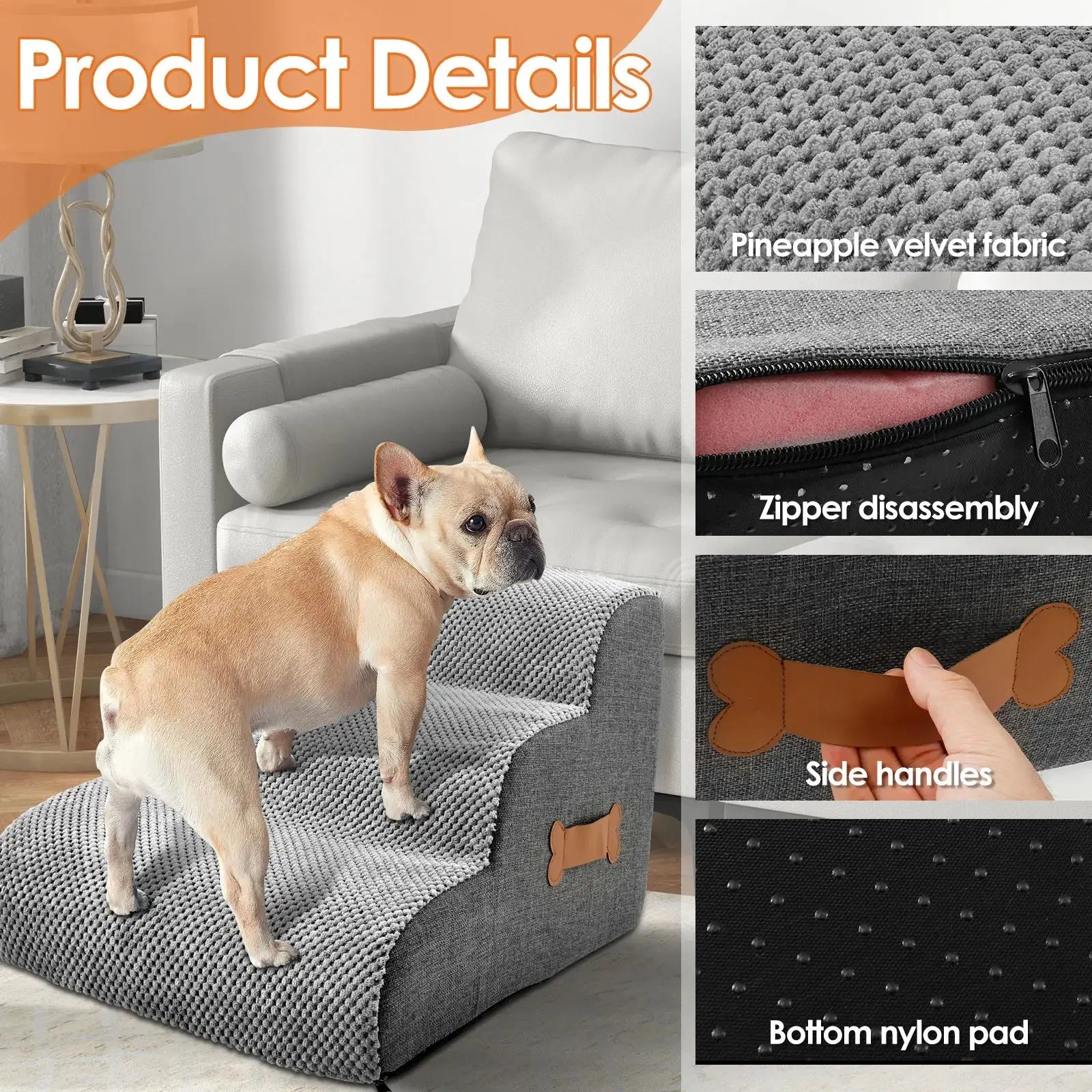 2/3 Step Dog Ramp Stair Pineapple Velvet Small Dog Stair with Sponge Filling and Nonslip Bottom Safe Pet Supplies for Cat Puppy WLP Company