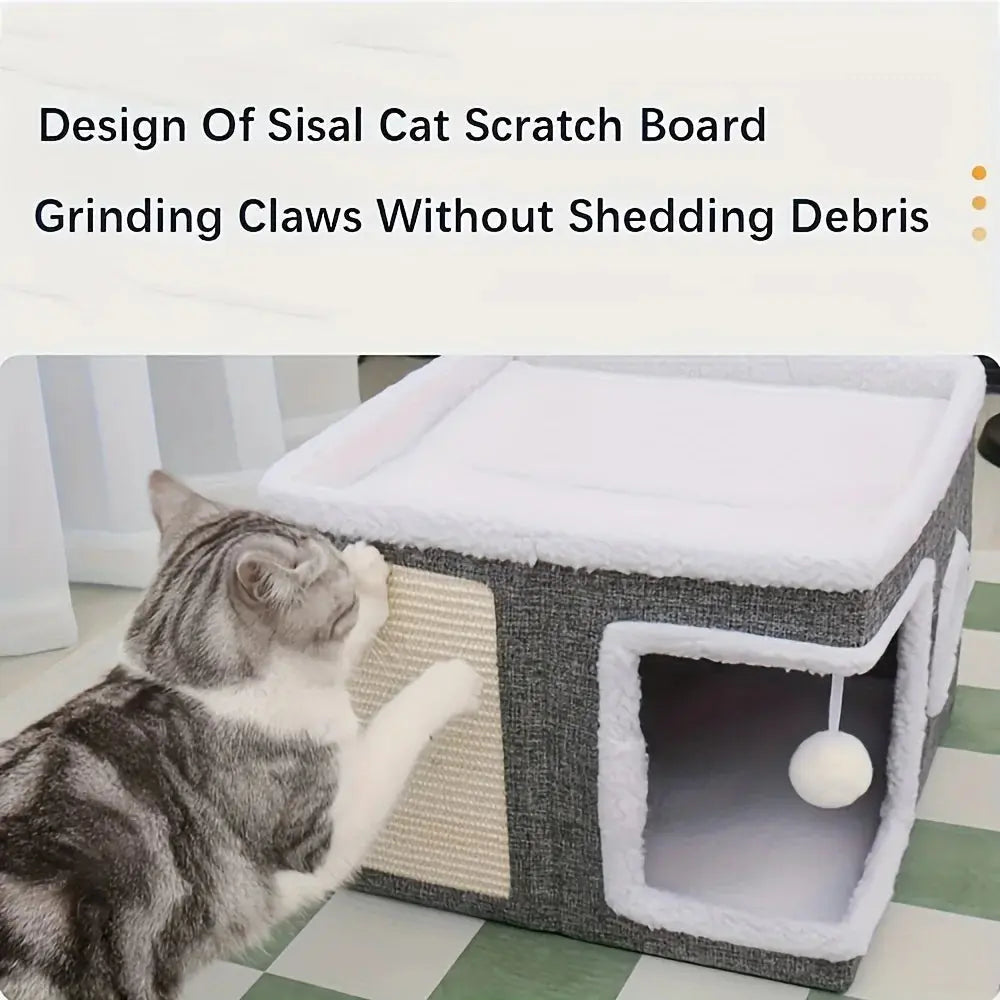 4-Season Multi-Level Cat House - Indoor Foldable Design, Scratching Board & Non-Slip Base 30LB Capacity, Warm Cat Bed Cat Cave WLP Company