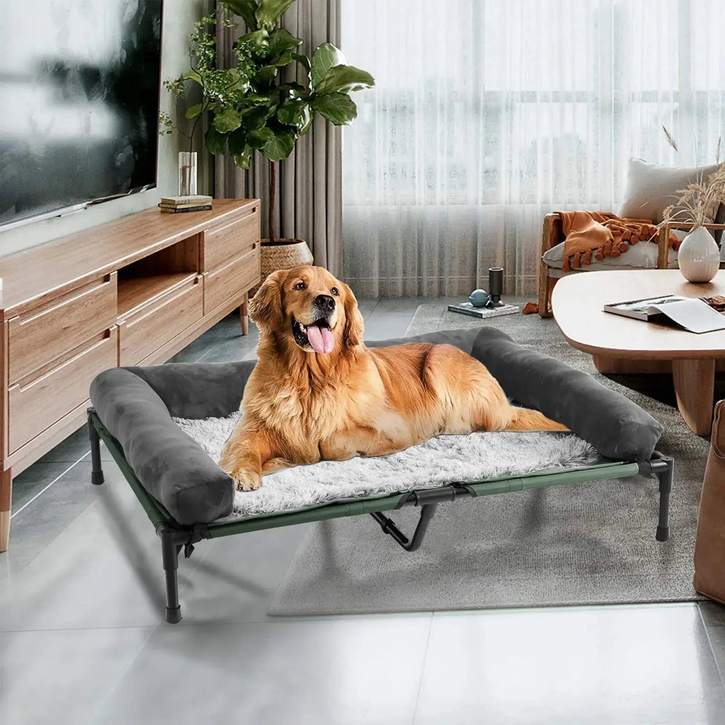 Dog Bed for Dogs and Cats Indoor Outdoor Elevated Pet Lounger Bed with Detachable Plush Bolster Cooling Summer L XL 2XL WLP Company