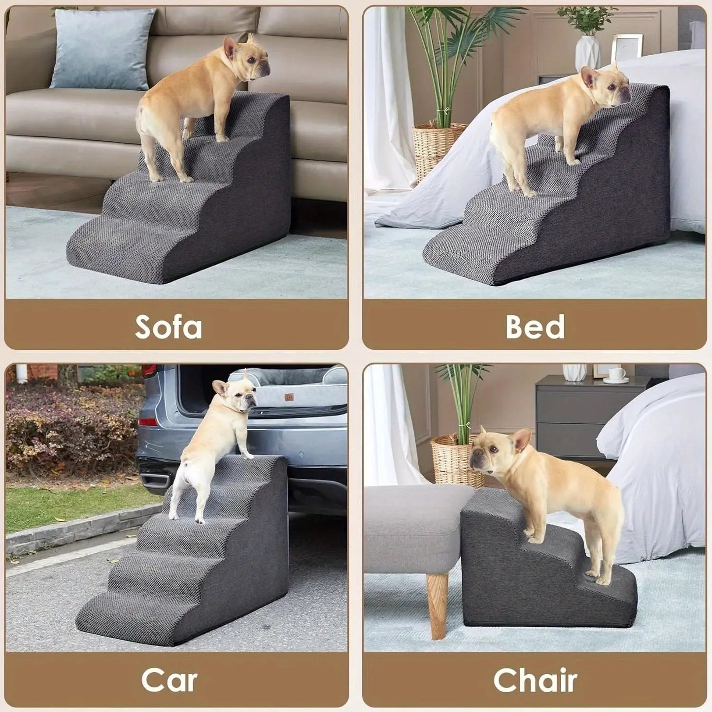 [4-Step Curved Dog Ramp] 4-Step Non-Slip Curved Dog Stairs Ramp for High Beds 20" Height | Soft Grey Carpeted Steps.Labubo. WLP Company