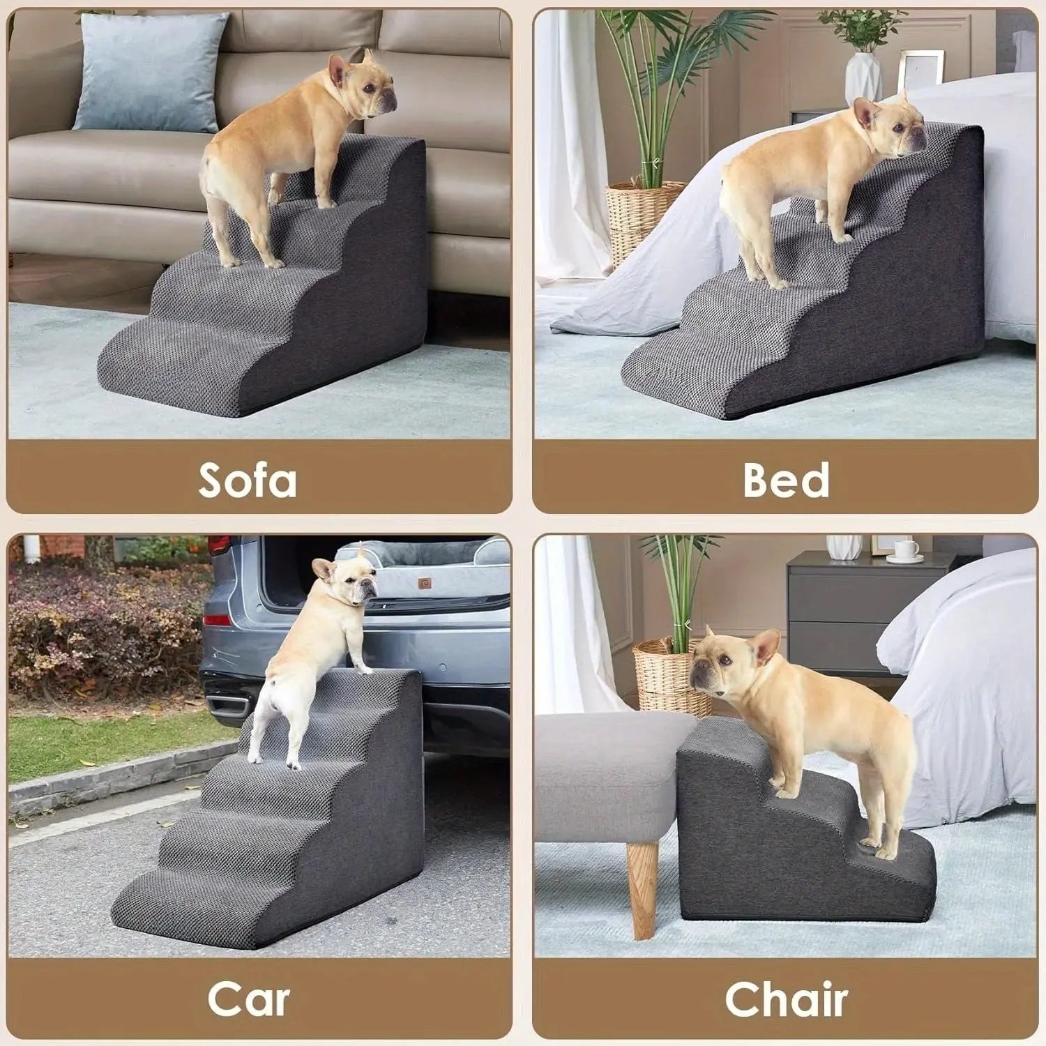 [4-Step Curved Dog Ramp] 4-Step Non-Slip Curved Dog Stairs Ramp for High Beds 20" Height | Soft Grey Carpeted Steps.Labubo. WLP Company