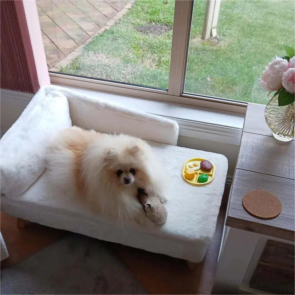 luxury dog sofa Luxury Elevated Dog Sofa Bed with Backrest Plush Cushion Wooden Legs WLP Company