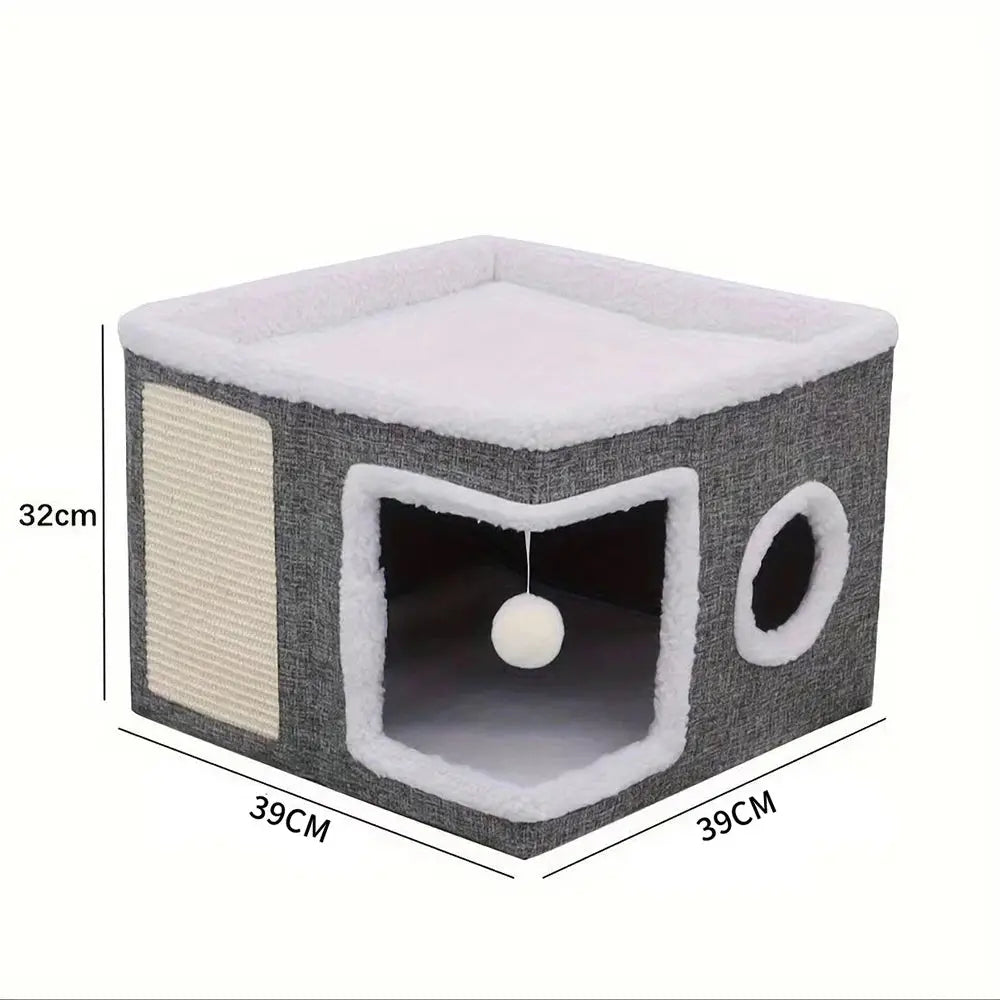 4-Season Multi-Level Cat House - Indoor Foldable Design, Scratching Board & Non-Slip Base 30LB Capacity, Warm Cat Bed Cat Cave WLP Company