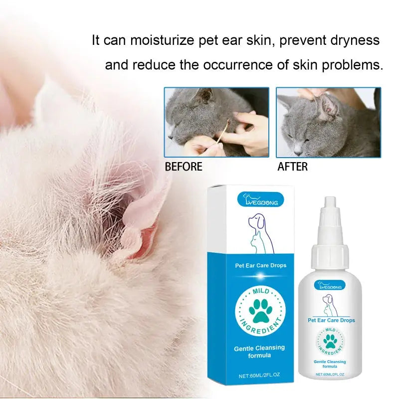 Pet Ear Care Drops - 60ml Gentle Cleansing Solution for Dogs & Cats - Remove Earwax, Moisturize Canal & Reduce Odor WLP Company
