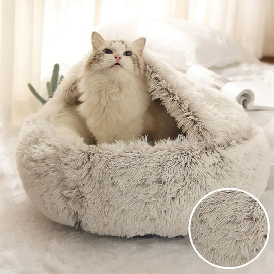 Cats Round Plush Bed - Soft Warm Enclosed Sleep Bag & Cave Basket