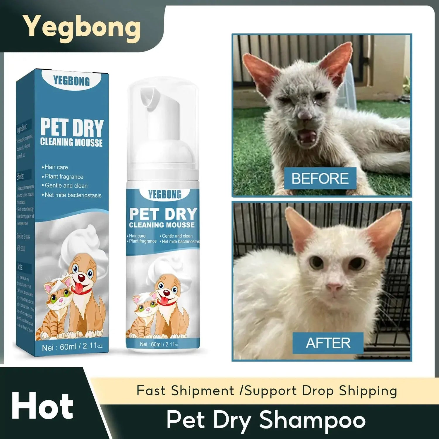 Pet Dry Shampoo Puppy Kitten Dry Cleaning Foam Shampoo Safe Bathless Cleaning Odor Eliminator Itch Relief Pet Grooming Supplies WLP Company