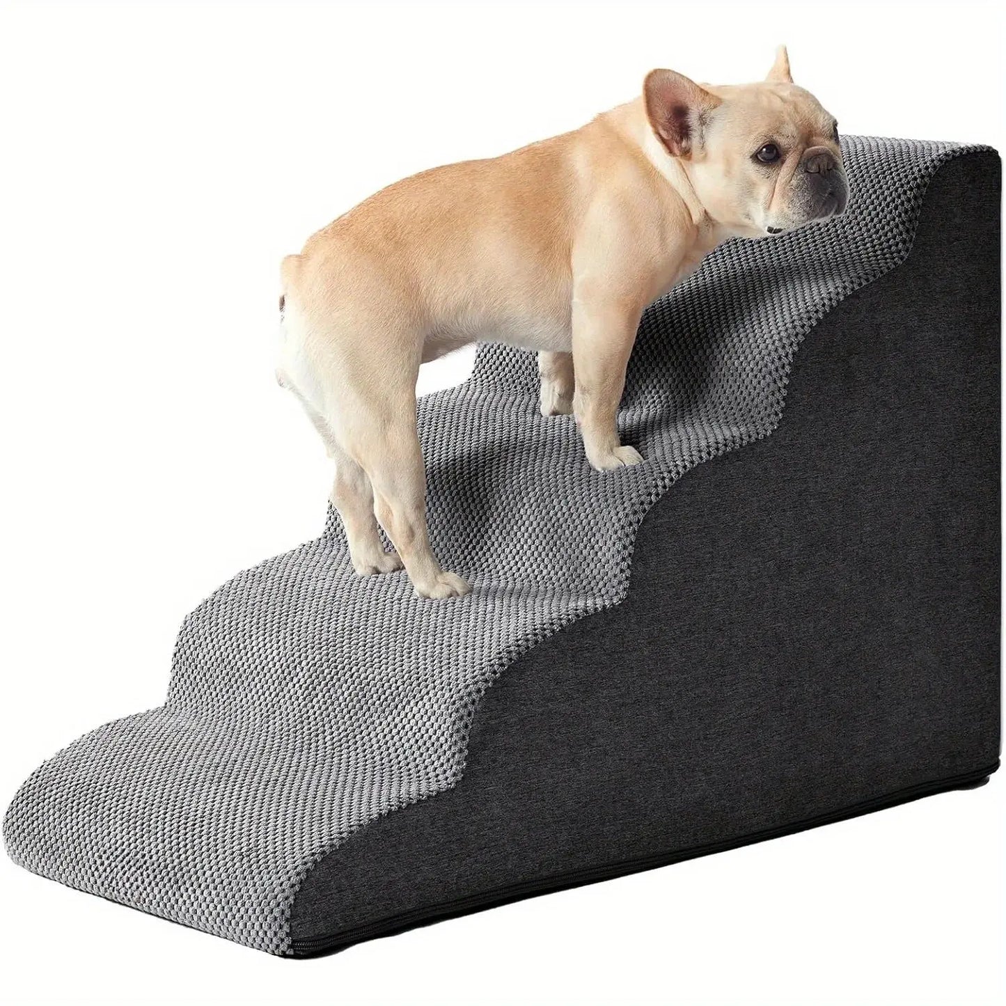 [4-Step Curved Dog Ramp] 4-Step Non-Slip Curved Dog Stairs Ramp for High Beds 20" Height | Soft Grey Carpeted Steps.Labubo. WLP Company