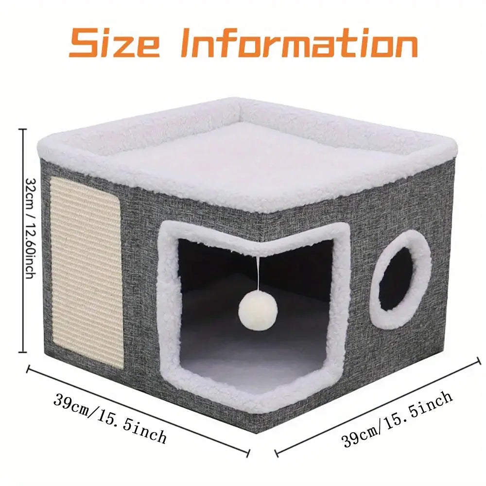 4-Season Multi-Level Cat House - Indoor Foldable Design, Scratching Board & Non-Slip Base 30LB Capacity, Warm Cat Bed Cat Cave WLP Company