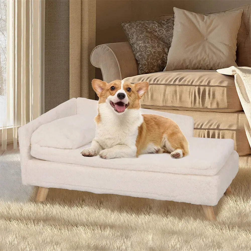 luxury dog sofa Luxury Elevated Dog Sofa Bed with Backrest Plush Cushion Wooden Legs WLP Company