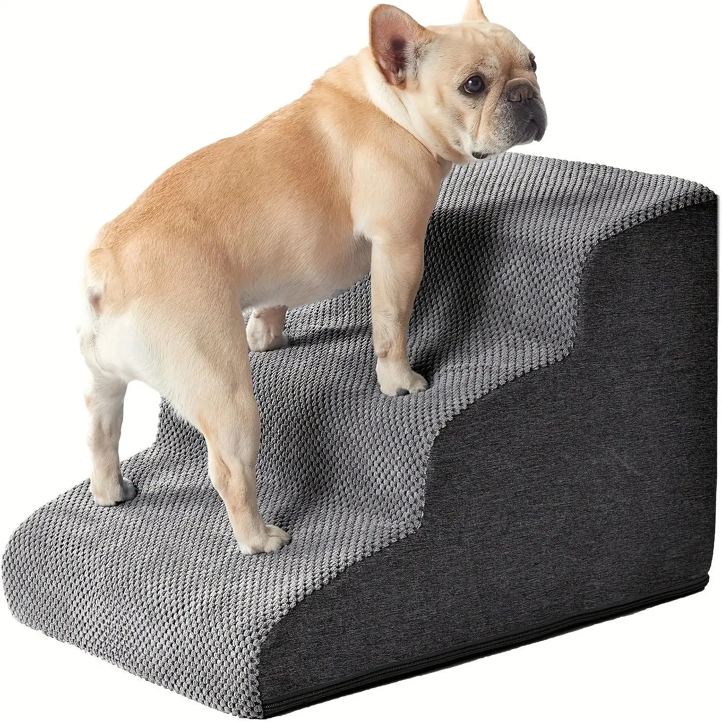 [4-Step Curved Dog Ramp] 4-Step Non-Slip Curved Dog Stairs Ramp for High Beds 20" Height | Soft Grey Carpeted Steps.Labubo. WLP Company
