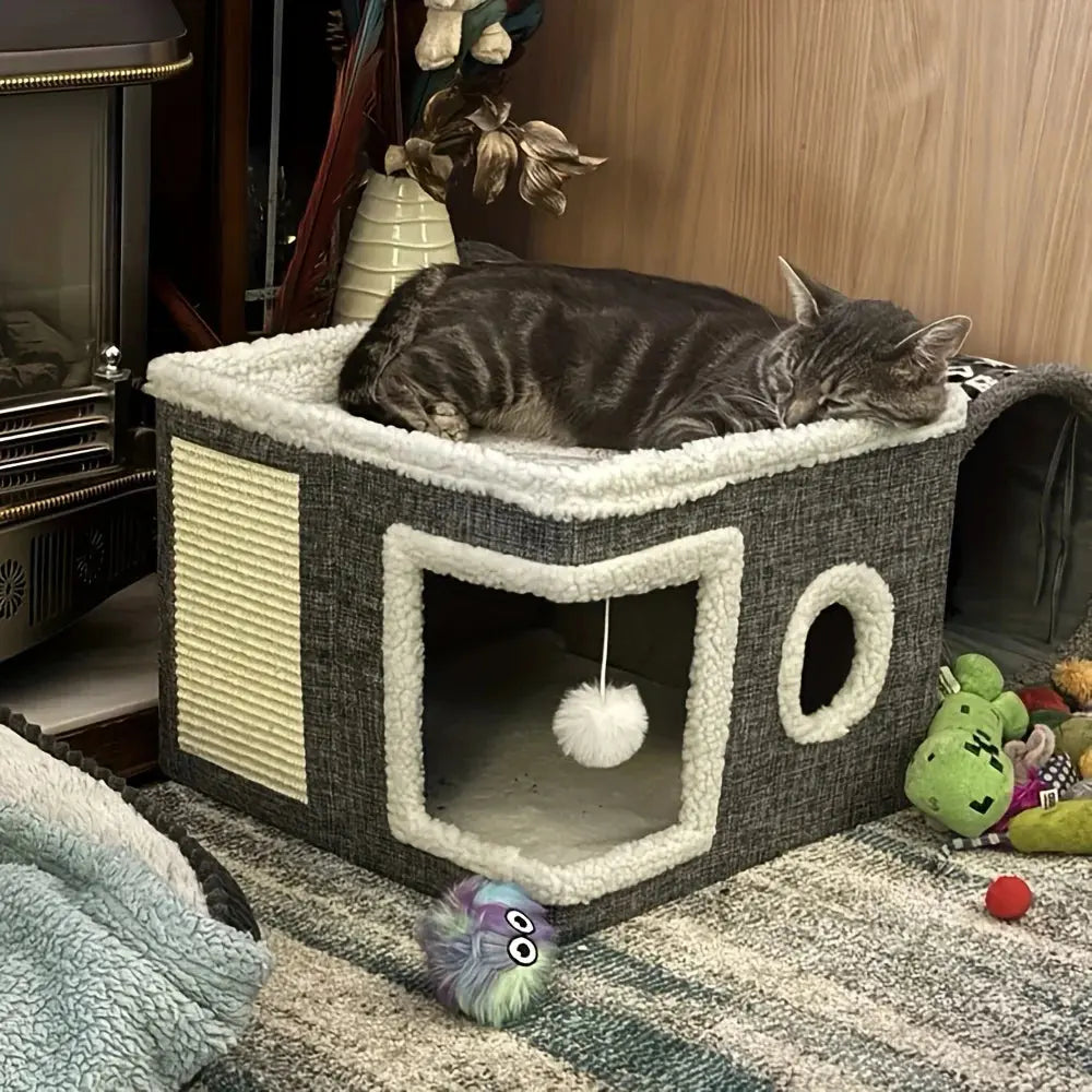 4-Season Multi-Level Cat House - Indoor Foldable Design, Scratching Board & Non-Slip Base 30LB Capacity, Warm Cat Bed Cat Cave WLP Company