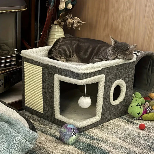 4-Season Multi-Level Cat House - Indoor Foldable Design, Scratching Board & Non-Slip Base 30LB Capacity, Warm Cat Bed Cat Cave WLP Company