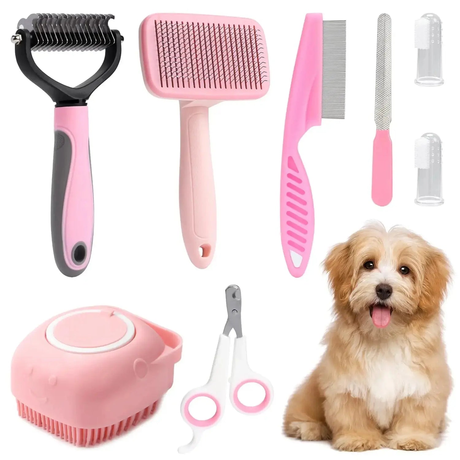 dog grooming set 8-piece dog brush grooming set, pet self-cleaning set, with pet nail clippers and files, flea comb, pet shampoo bath brush, pet WLP Company