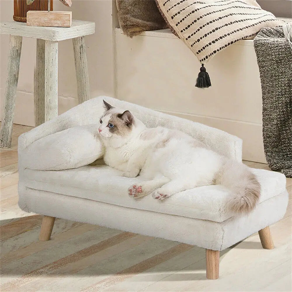luxury dog sofa Luxury Elevated Dog Sofa Bed with Backrest Plush Cushion Wooden Legs WLP Company