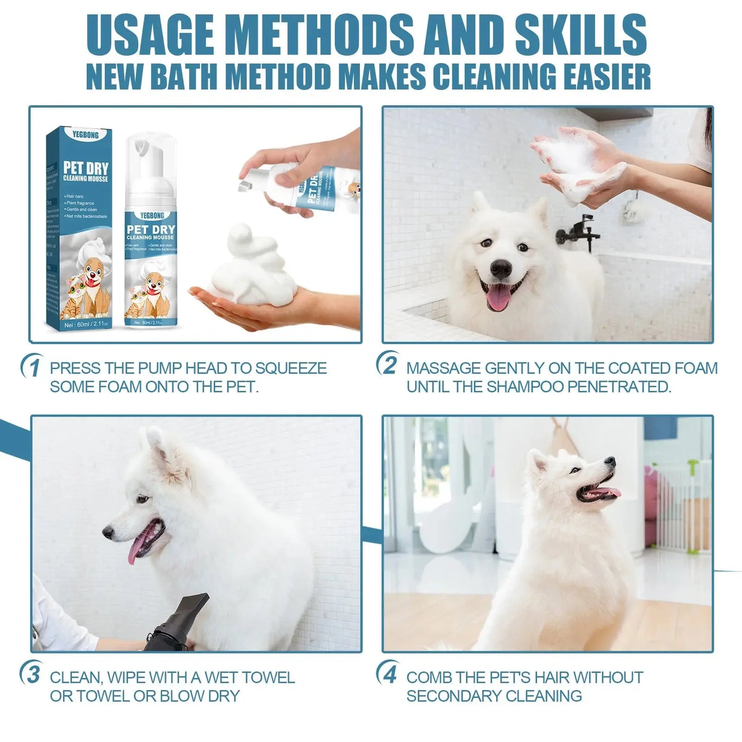 Pet Dry Shampoo Puppy Kitten Dry Cleaning Foam Shampoo Safe Bathless Cleaning Odor Eliminator Itch Relief Pet Grooming Supplies WLP Company