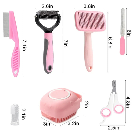 dog grooming set 8-piece dog brush grooming set, pet self-cleaning set, with pet nail clippers and files, flea comb, pet shampoo bath brush, pet WLP Company
