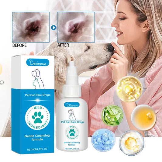 Pet Ear Care Drops - 60ml Gentle Cleansing Solution for Dogs & Cats - Remove Earwax, Moisturize Canal & Reduce Odor WLP Company