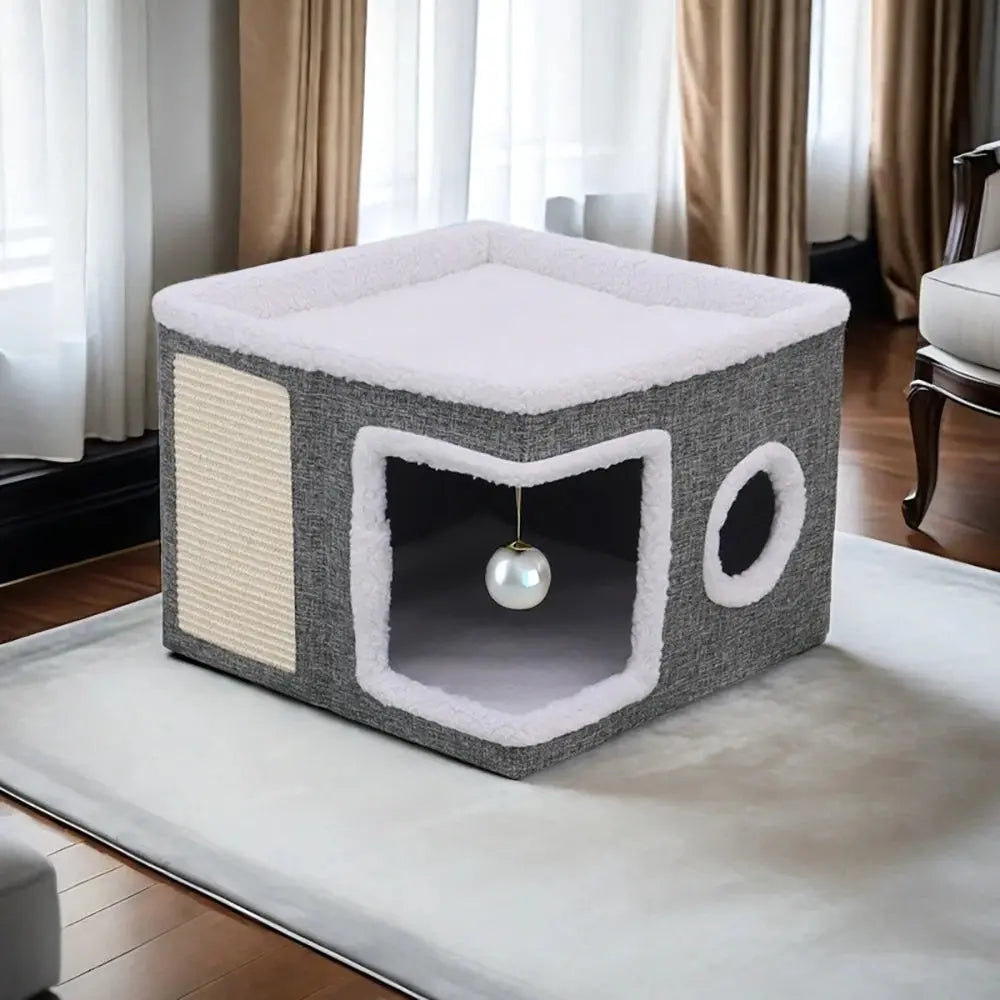 4-Season Multi-Level Cat House - Indoor Foldable Design, Scratching Board & Non-Slip Base 30LB Capacity, Warm Cat Bed Cat Cave WLP Company