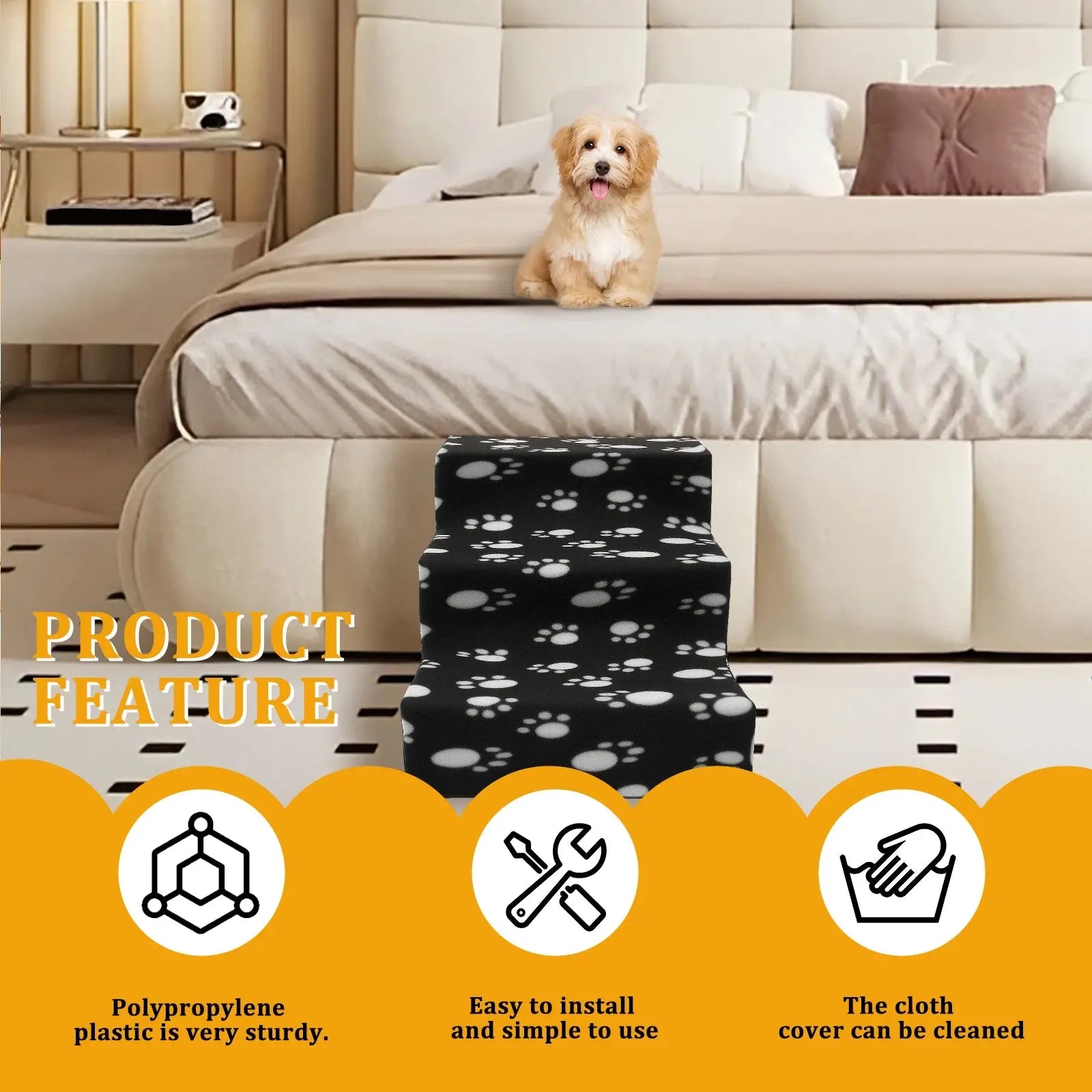 pet stairs 3/4 Steps Pet Bedside Stairs Plastic Dog Cat Steps with Removable Washable Cover Durable and Sturdy Pet Pedals Fun Pet Supplies WLP Company