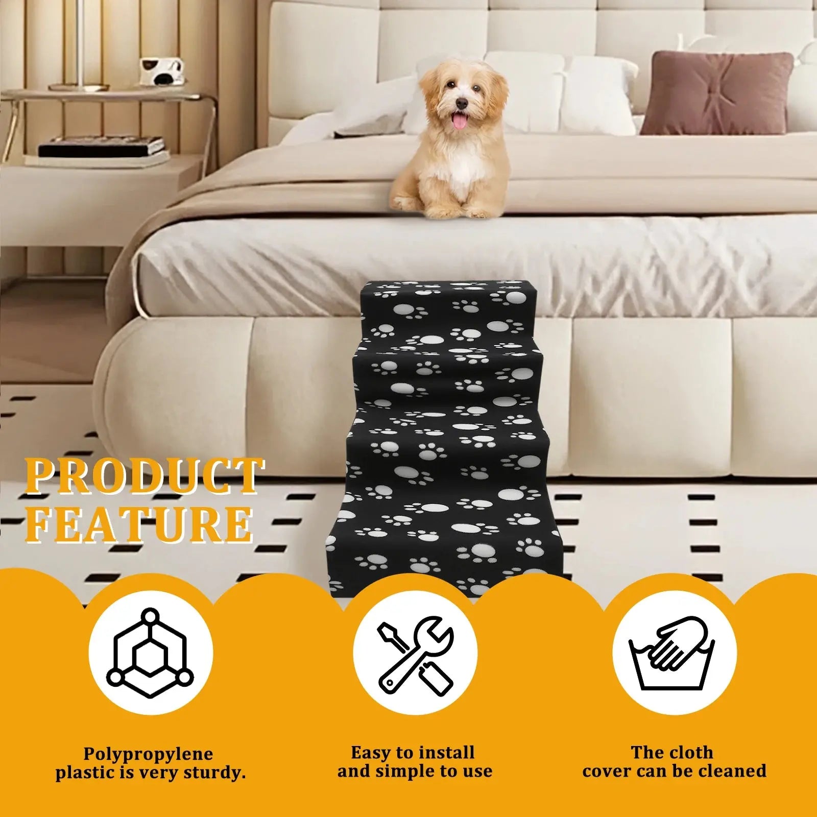 pet stairs 3/4 Steps Pet Bedside Stairs Plastic Dog Cat Steps with Removable Washable Cover Durable and Sturdy Pet Pedals Fun Pet Supplies WLP Company
