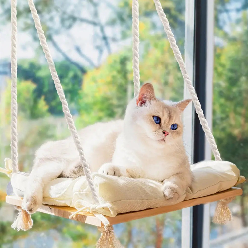cat hammock Cat Window Perch Solid Wood Hammock Bed 4 Heavy Duty Suction Cups Plush Cushion Indoor Pet Bed for Small Large Cats WLP Company