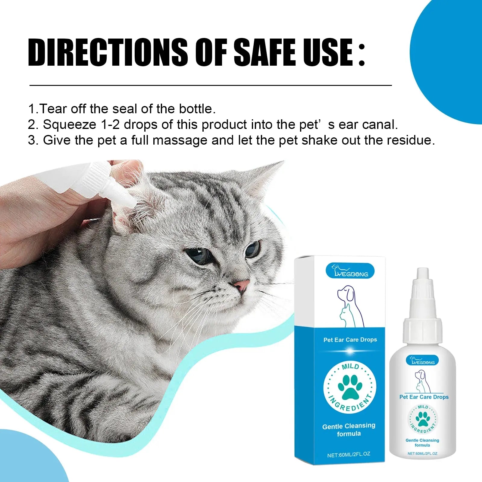 Pet Ear Care Drops - 60ml Gentle Cleansing Solution for Dogs & Cats - Remove Earwax, Moisturize Canal & Reduce Odor WLP Company