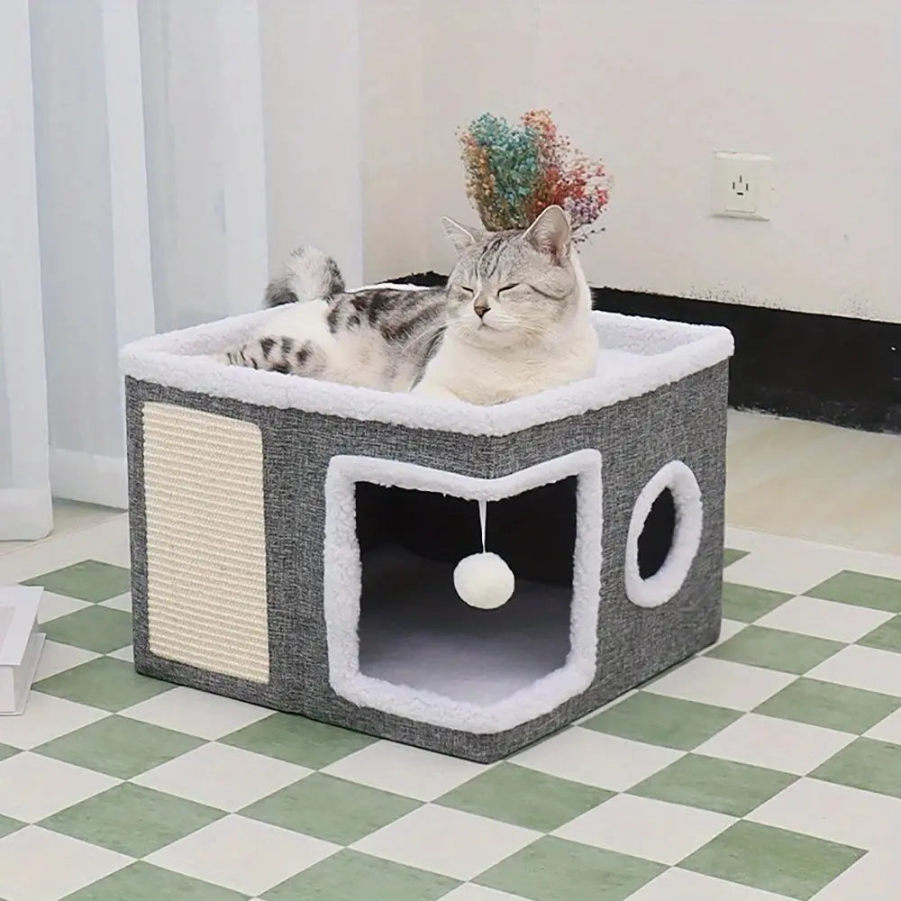 4-Season Multi-Level Cat House - Indoor Foldable Design, Scratching Board & Non-Slip Base 30LB Capacity, Warm Cat Bed Cat Cave WLP Company