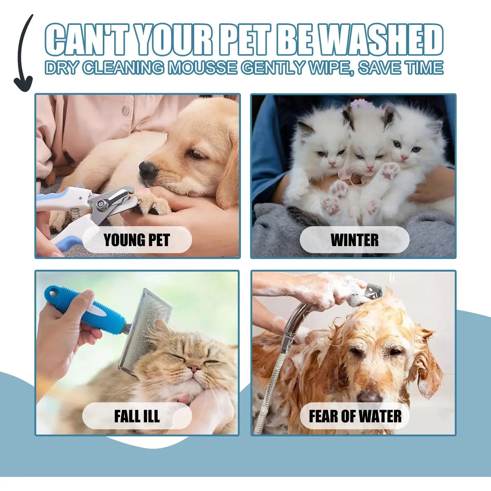 Pet Dry Shampoo Puppy Kitten Dry Cleaning Foam Shampoo Safe Bathless Cleaning Odor Eliminator Itch Relief Pet Grooming Supplies WLP Company