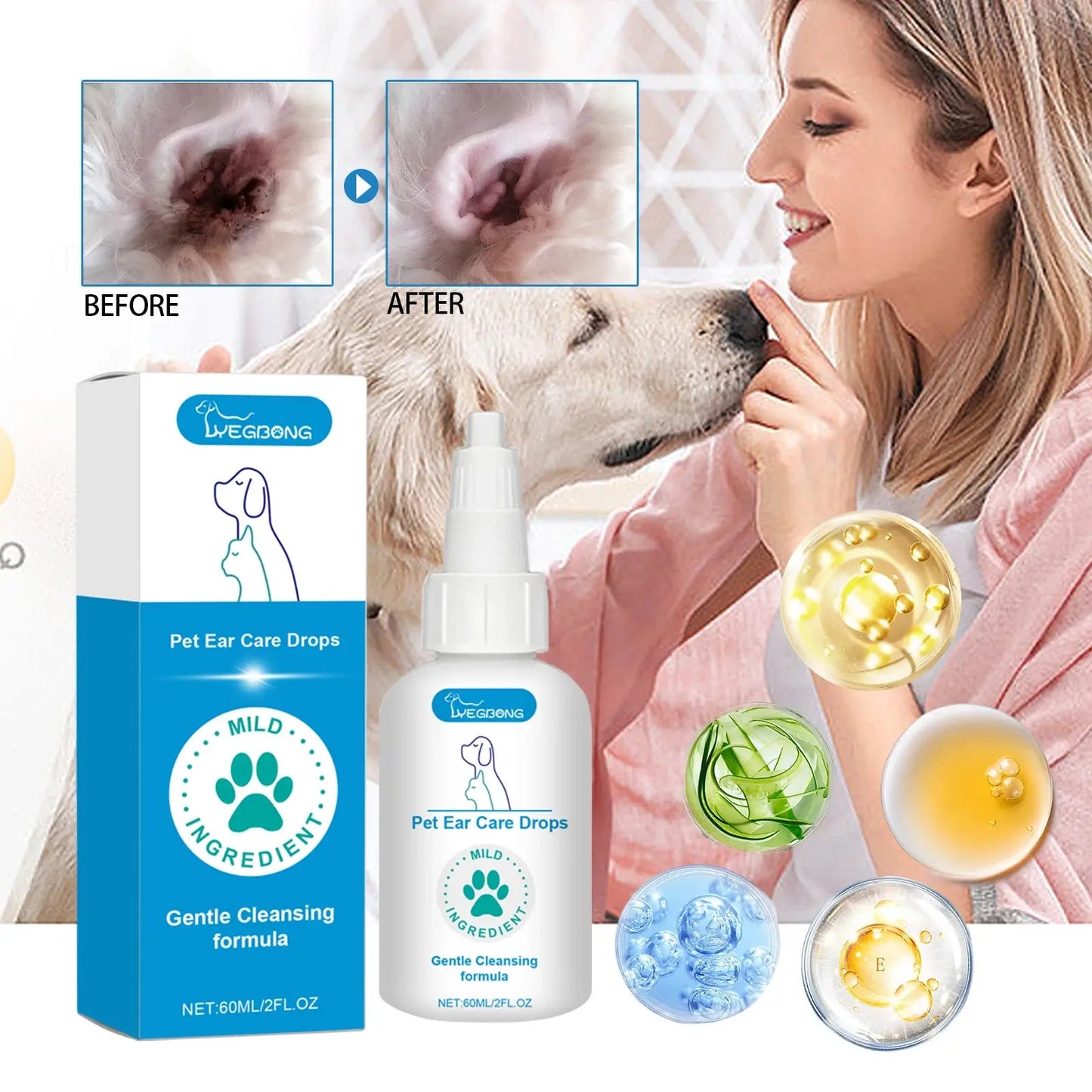 Pet Ear Care Drops - 60ml Gentle Cleansing Solution for Dogs & Cats - Remove Earwax, Moisturize Canal & Reduce Odor WLP Company