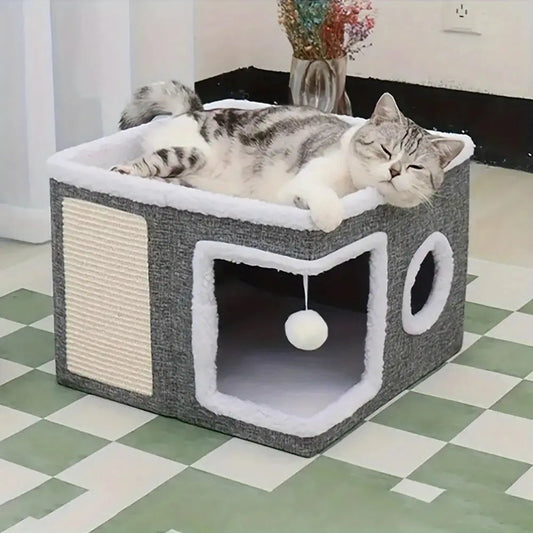 4-Season Multi-Level Cat House - Indoor Foldable Design, Scratching Board & Non-Slip Base 30LB Capacity, Warm Cat Bed Cat Cave WLP Company