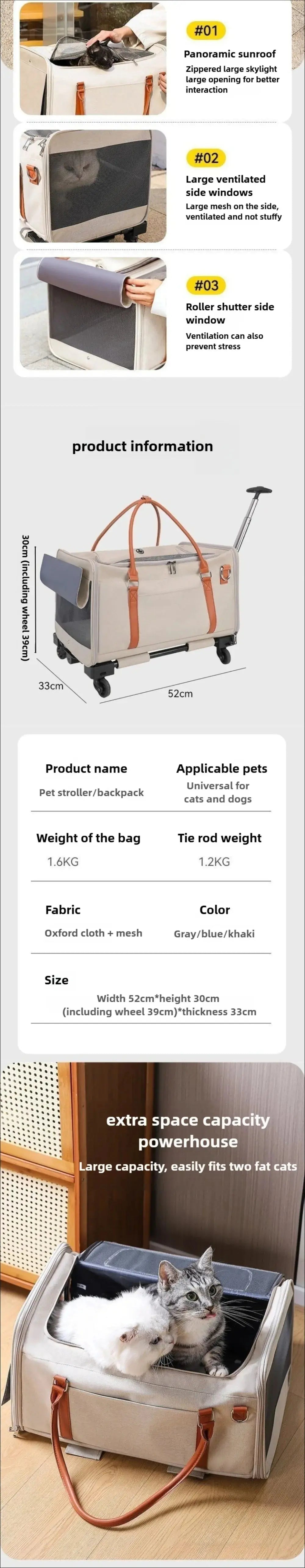 Multifunctional Cat Carrier with Trolley Large Capacity Breathable Foldable Pet Bag for Cats and Dogs WLP Company