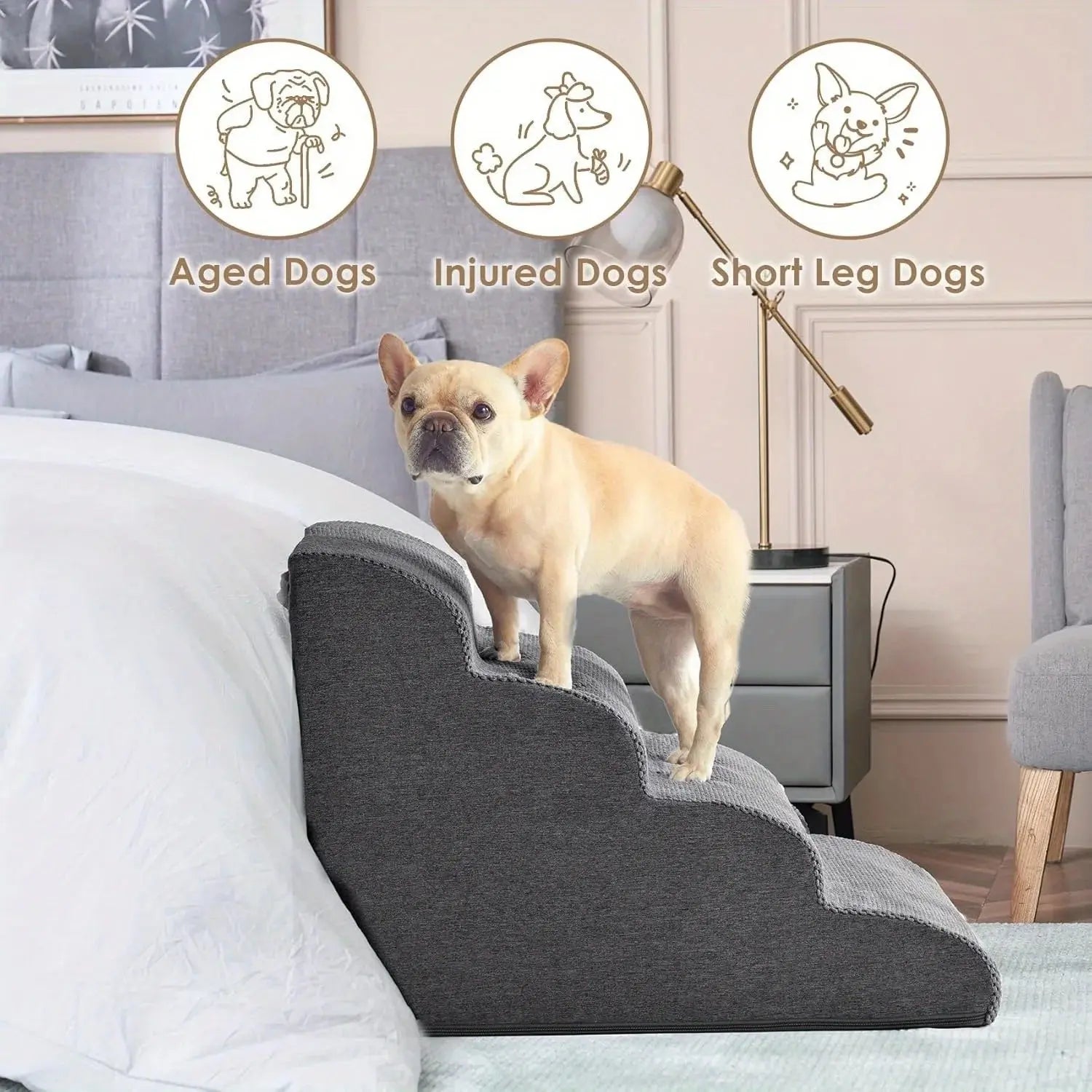 [4-Step Curved Dog Ramp] 4-Step Non-Slip Curved Dog Stairs Ramp for High Beds 20" Height | Soft Grey Carpeted Steps.Labubo. WLP Company