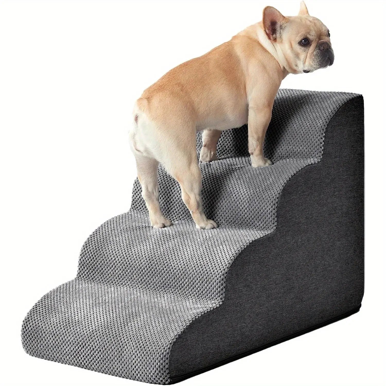 [4-Step Curved Dog Ramp] 4-Step Non-Slip Curved Dog Stairs Ramp for High Beds 20" Height | Soft Grey Carpeted Steps.Labubo. WLP Company