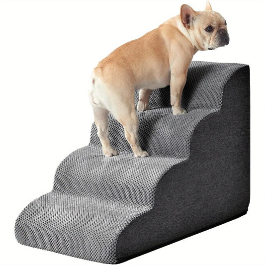 [4-Step Curved Dog Ramp] 4-Step Non-Slip Curved Dog Stairs Ramp for High Beds 20" Height | Soft Grey Carpeted Steps.Labubo. WLP Company