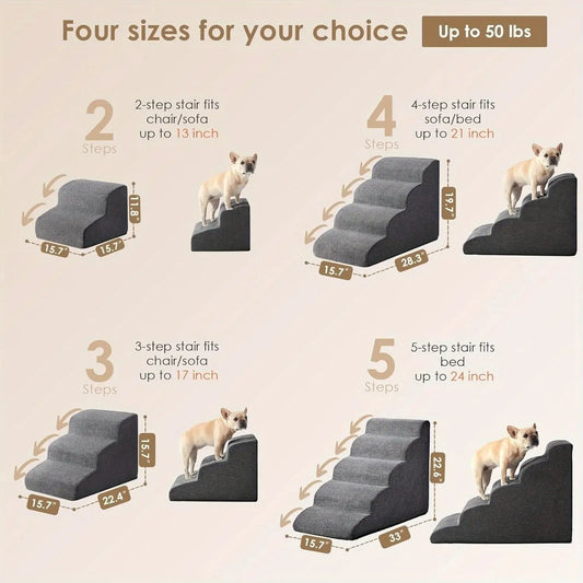 [4-Step Curved Dog Ramp] 4-Step Non-Slip Curved Dog Stairs Ramp for High Beds 20" Height | Soft Grey Carpeted Steps.Labubo. WLP Company