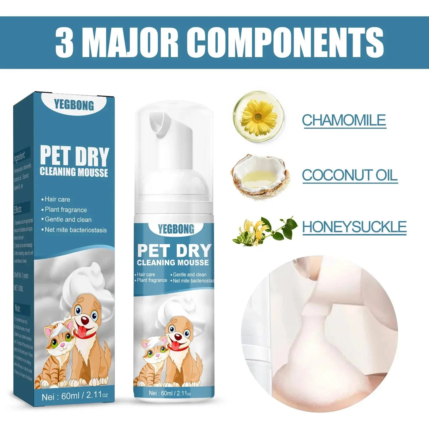 Pet Dry Shampoo Puppy Kitten Dry Cleaning Foam Shampoo Safe Bathless Cleaning Odor Eliminator Itch Relief Pet Grooming Supplies WLP Company