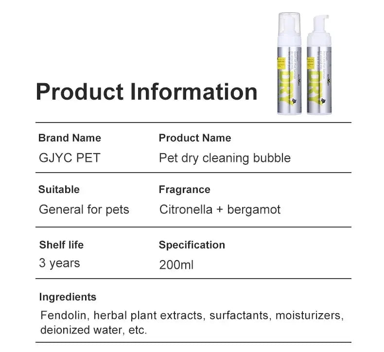 pet shampoo 200ML Pet Dry Cleaning Foam Without Rins Dog Cat Puppy Shower Gel Supp Shampoo Deodorant Sterilization Leave Scent Pet Supplie WLP Company