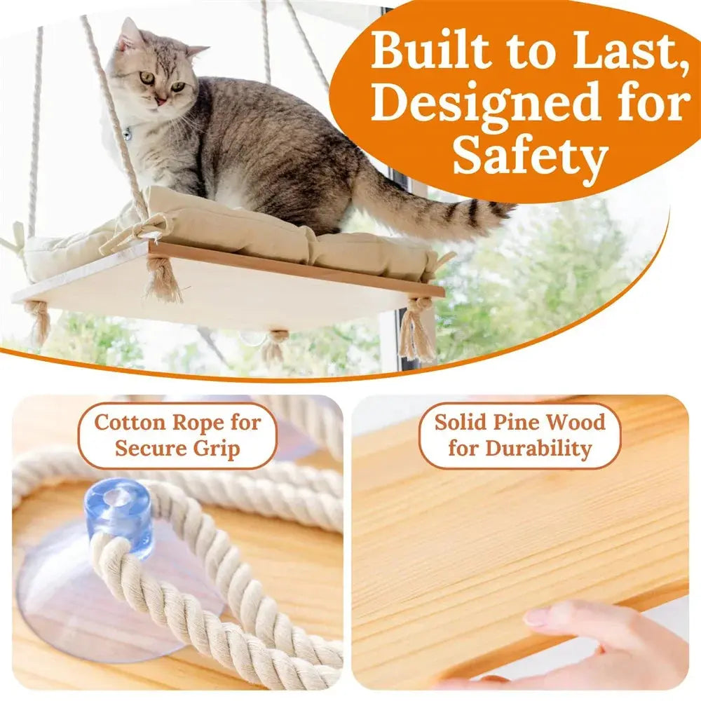 cat hammock Cat Window Perch Solid Wood Hammock Bed 4 Heavy Duty Suction Cups Plush Cushion Indoor Pet Bed for Small Large Cats WLP Company