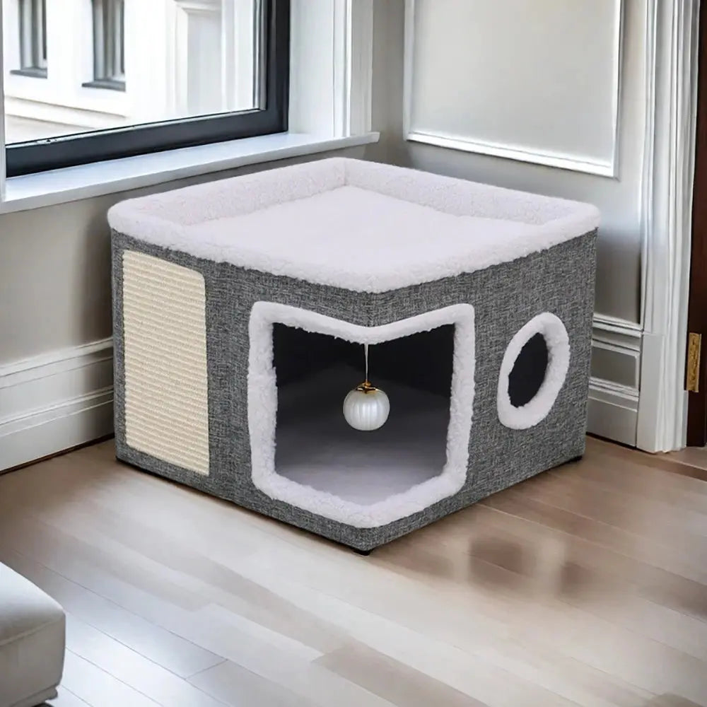 4-Season Multi-Level Cat House - Indoor Foldable Design, Scratching Board & Non-Slip Base 30LB Capacity, Warm Cat Bed Cat Cave WLP Company